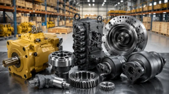 Excavator hydraulic pump, control valve, and steel gears on workbench
