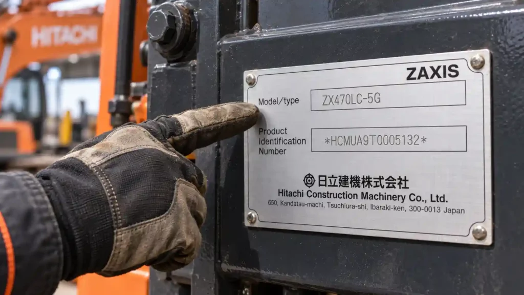 Hitachi excavator model and product identification number from the machine nameplate